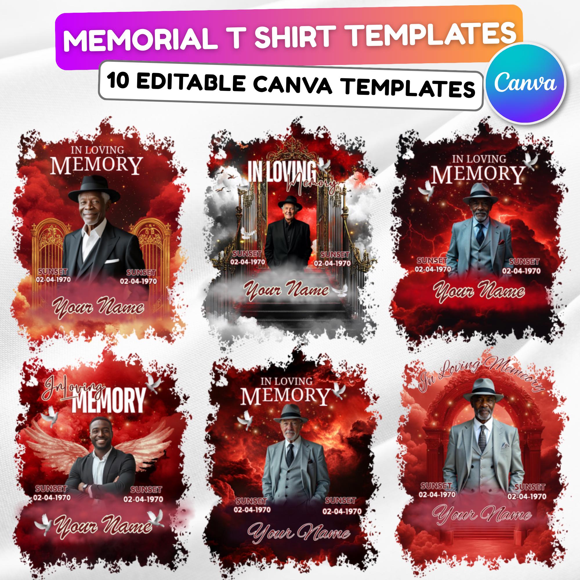 10 In Loving Memory Red T Shirt Canva Editable Templates, Memorial Editable Template, Rest In Peace Designs, Funeral & Celebration of Life - Editable Memorial Canva Template