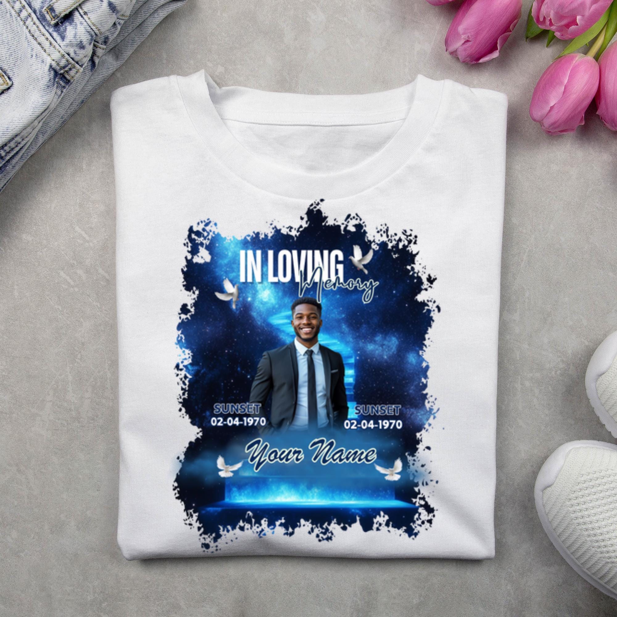 10 In Loving Memory Blue T Shirt Canva Editable Templates, Memorial Editable Template, Rest In Peace Designs, Funeral & Celebration of Life - Editable Memorial Canva Template