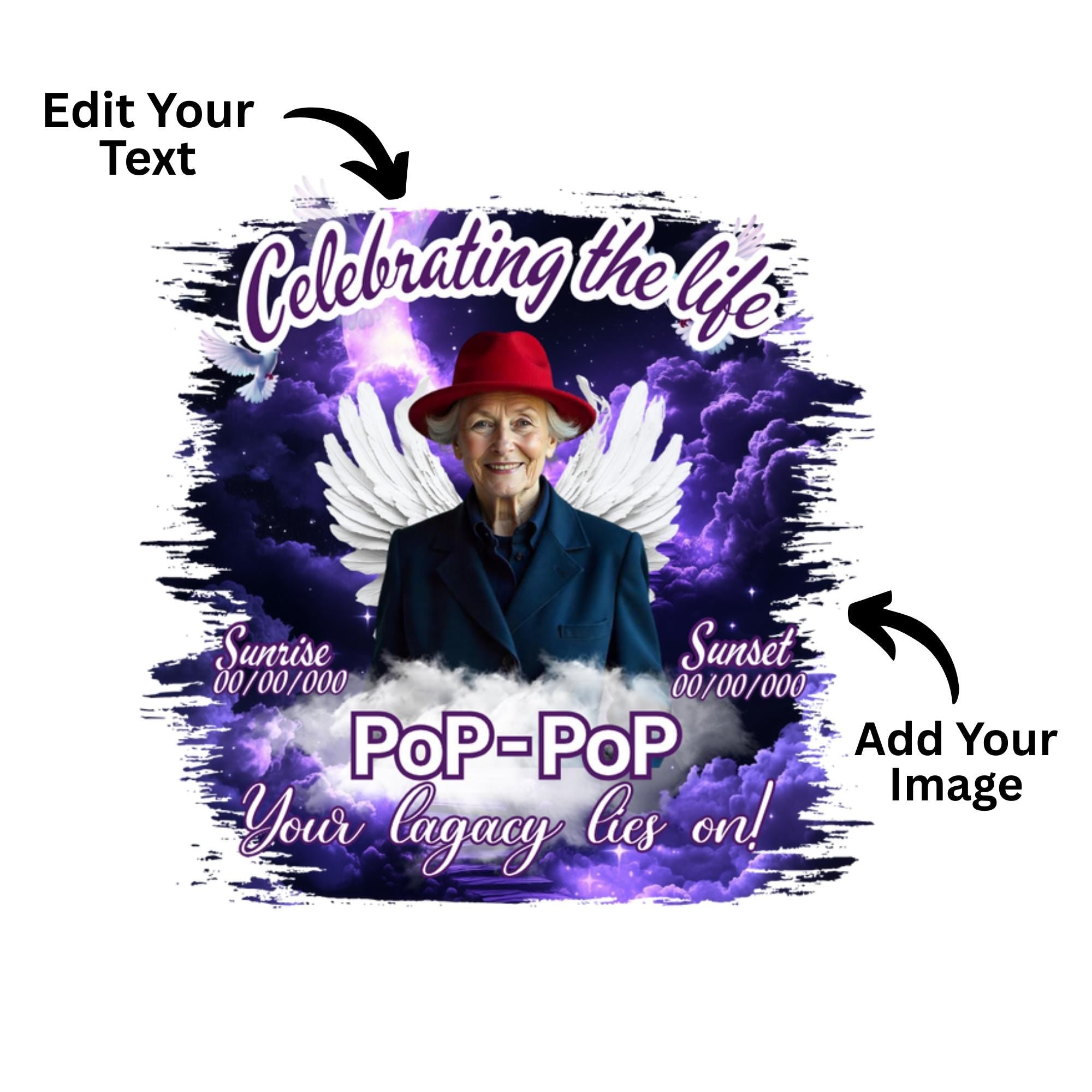 10 Purple Celebrating Of Life Canva Editable T Shirt Templates, In Loving Memory Template, Rest in Peace, Memorial Template,Digital Download - Editable Memorial Canva Template