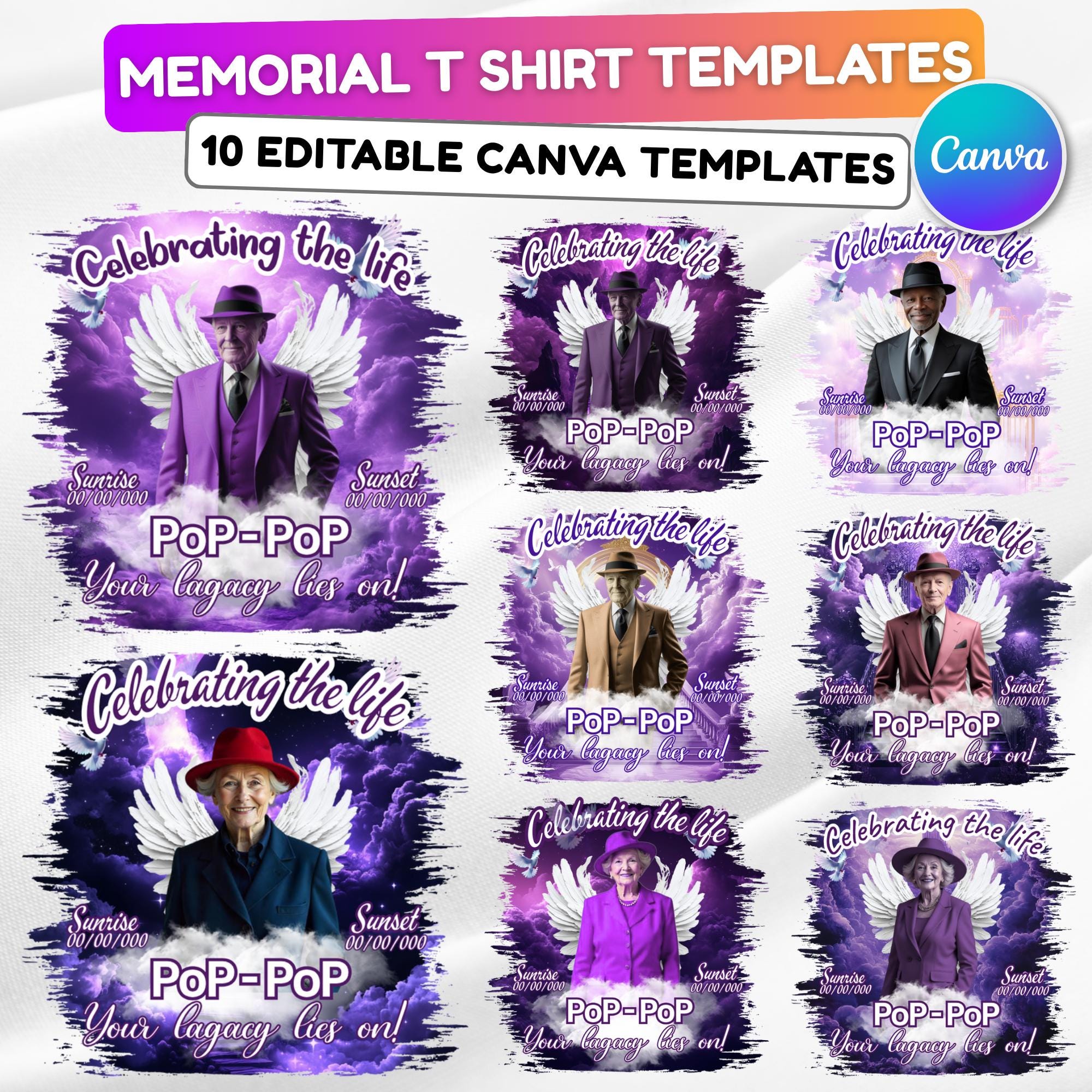 10 Purple Celebrating Of Life Canva Editable T Shirt Templates, In Loving Memory Template, Rest in Peace, Memorial Template,Digital Download - Editable Memorial Canva Template
