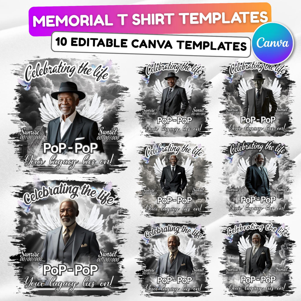 10 Black Celebrating Of Life Canva Editable T Shirt Templates, In Loving Memory Template, Rest in Peace, Memorial Template,Digital Download - Editable Memorial Canva Template