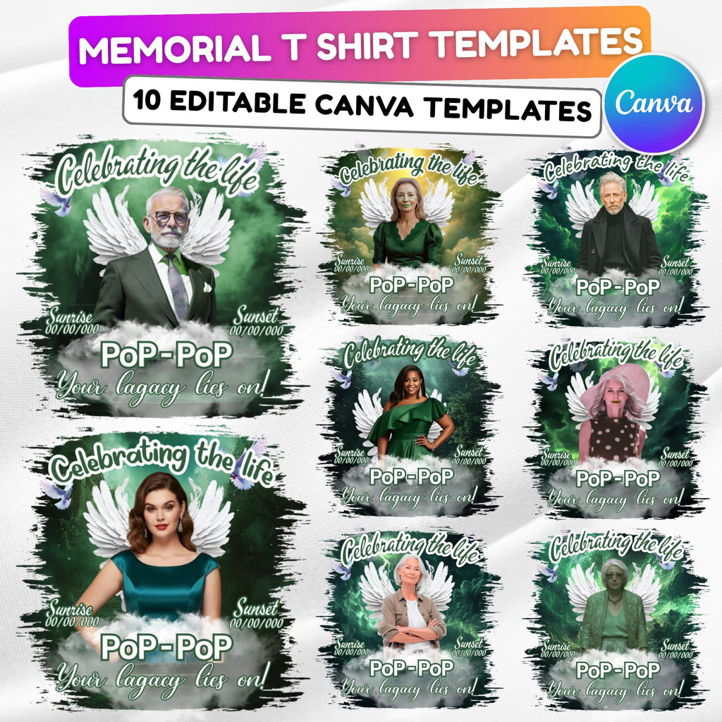 10 Green Celebrating Of Life Canva Editable T Shirt Templates, In Loving Memory Template, Rest in Peace, Memorial Template,Digital Download - Editable Memorial Canva Template