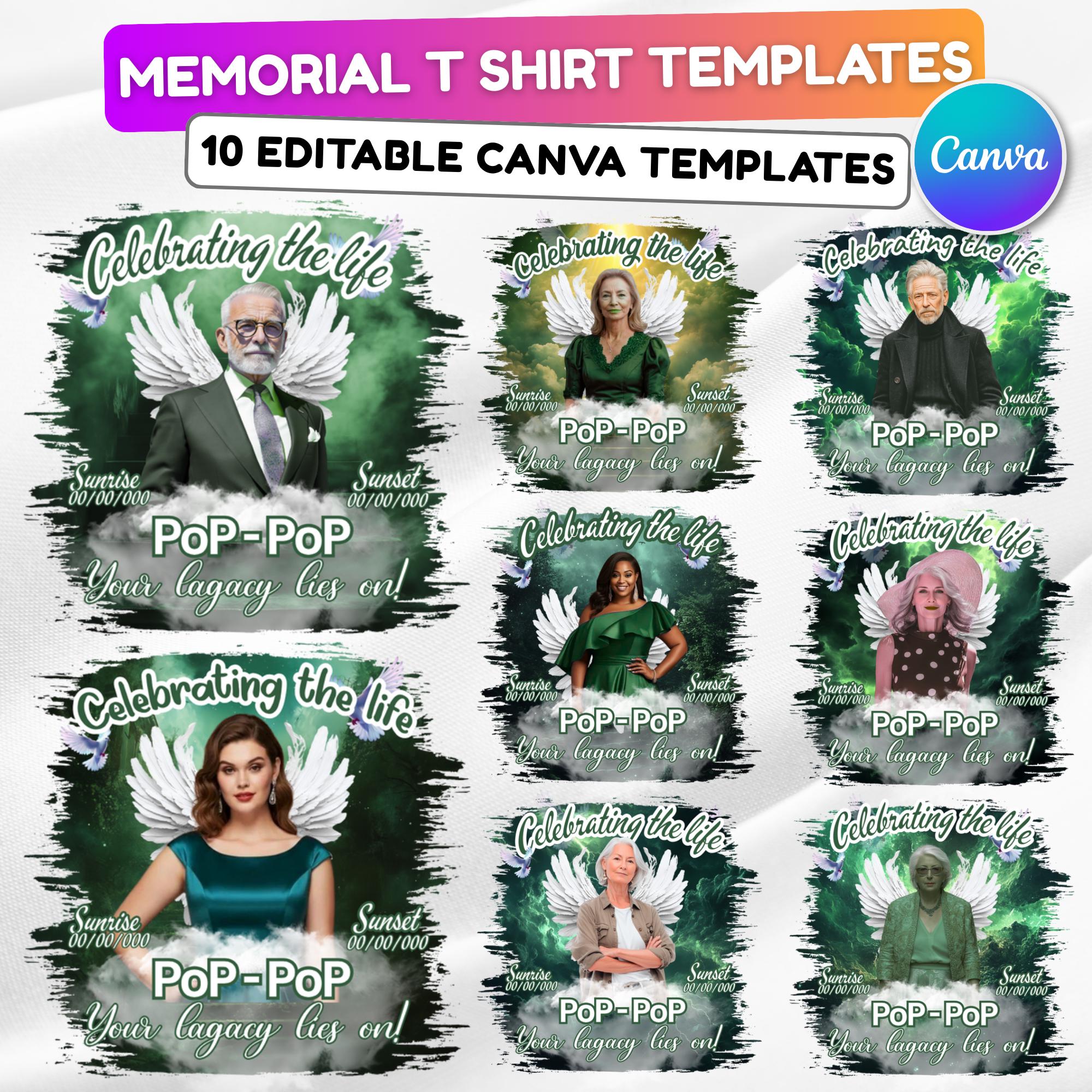 10 Green Celebrating Of Life Canva Editable T Shirt Templates, In Loving Memory Template, Rest in Peace, Memorial Template,Digital Download - Editable Memorial Canva Template