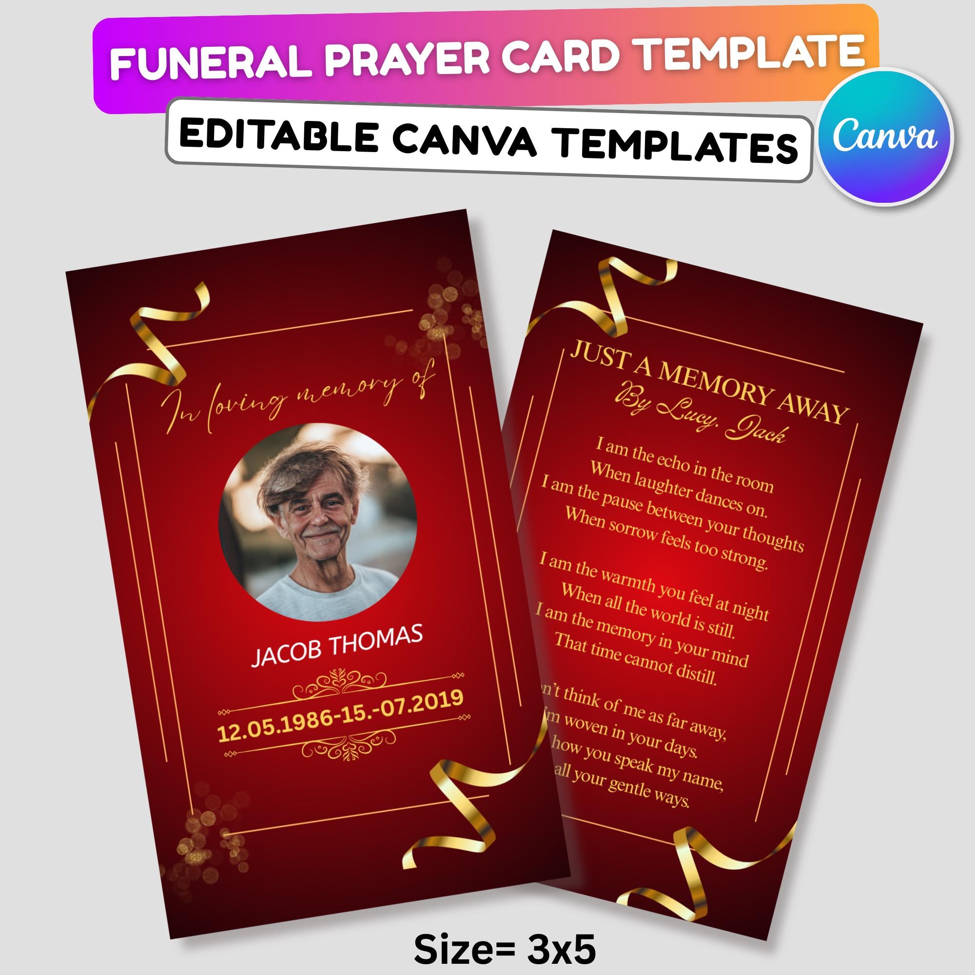 Funeral Prayer Card Canva Editable Template, In Loving Memory Template, Memorial Prayer Card, Printable Funeral Remembrance Card - Editable Memorial Canva Template