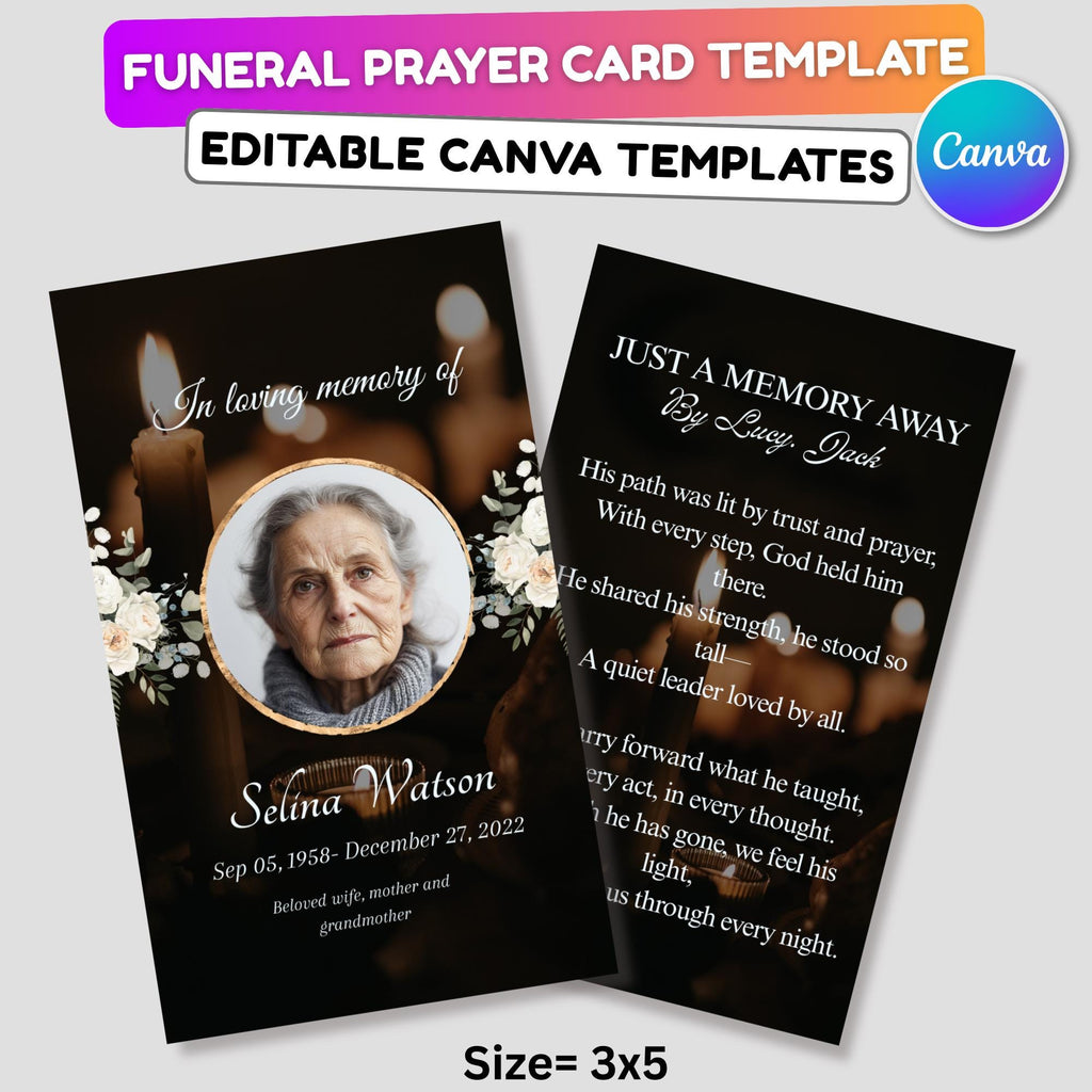 Black Funeral Prayer Card Canva Editable Template, In Loving Memory Template, Memorial Prayer Card, Printable Funeral Remembrance Card - Editable Memorial Canva Template