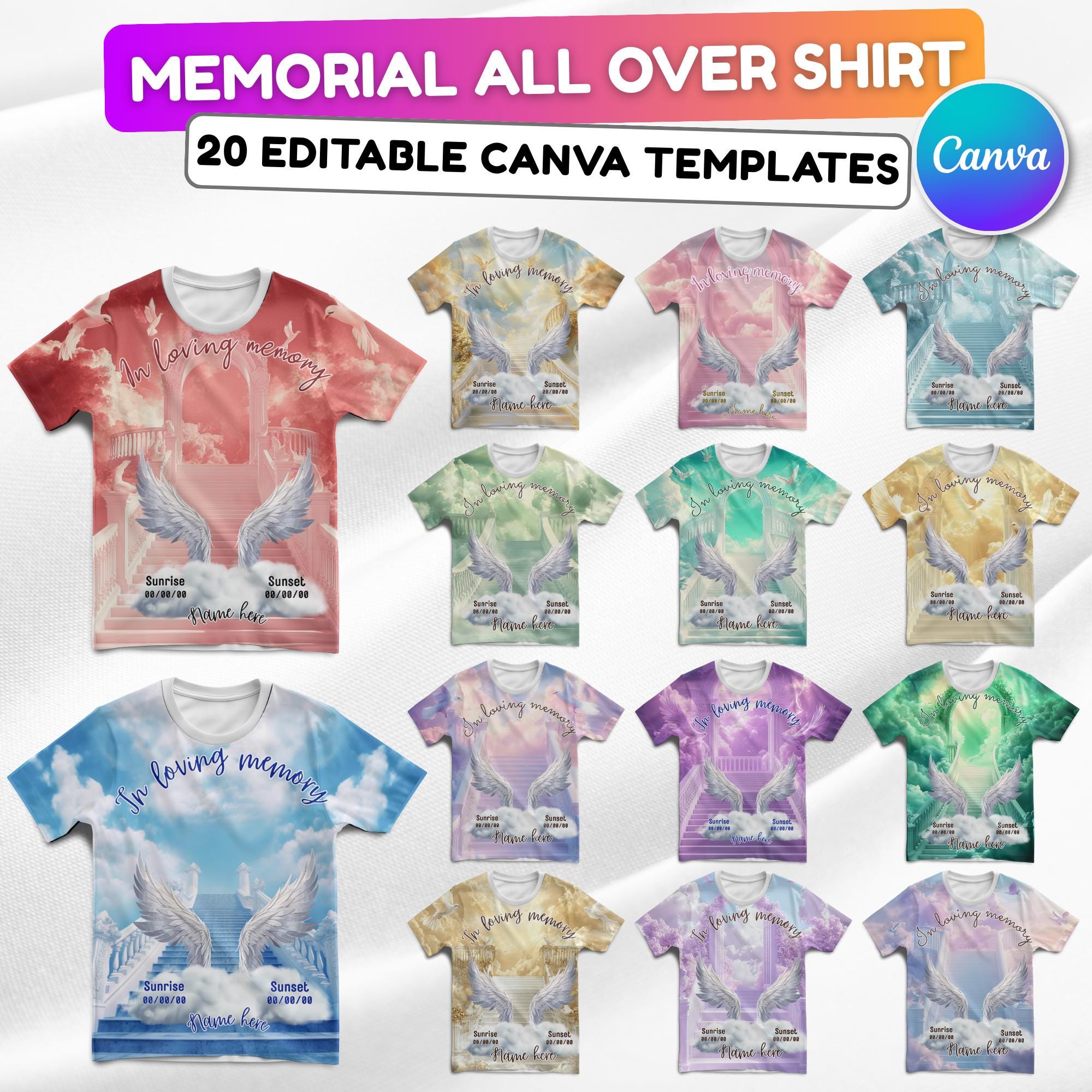 20 Memorial Canva Editable All Over T Shirt Template, In Loving Memory All Over Shirt, Rest in Peace, Funeral Shirt, Perfect for Sublimation - Editable Memorial Canva Template