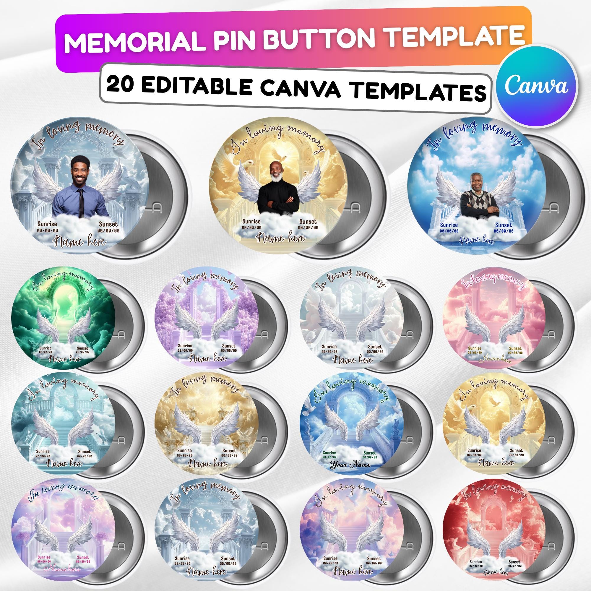20 In Loving Memory Pin Button Canva Editable Templates Bundle, Memorial Pin Button Canva Template, Funeral Button Favors, Digital Download - Editable Memorial Canva Template