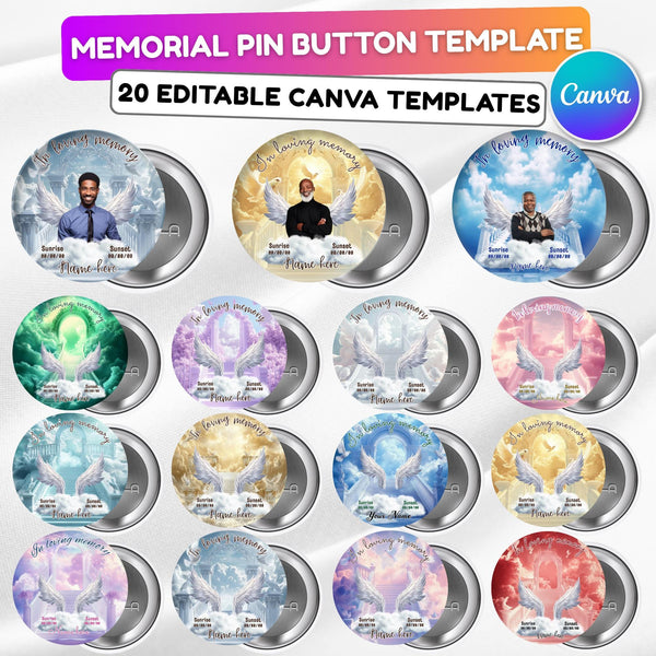20 In Loving Memory Pin Button Canva Editable Templates Bundle, Memorial Pin Button Canva Template, Funeral Button Favors, Digital Download - Editable Memorial Canva Template