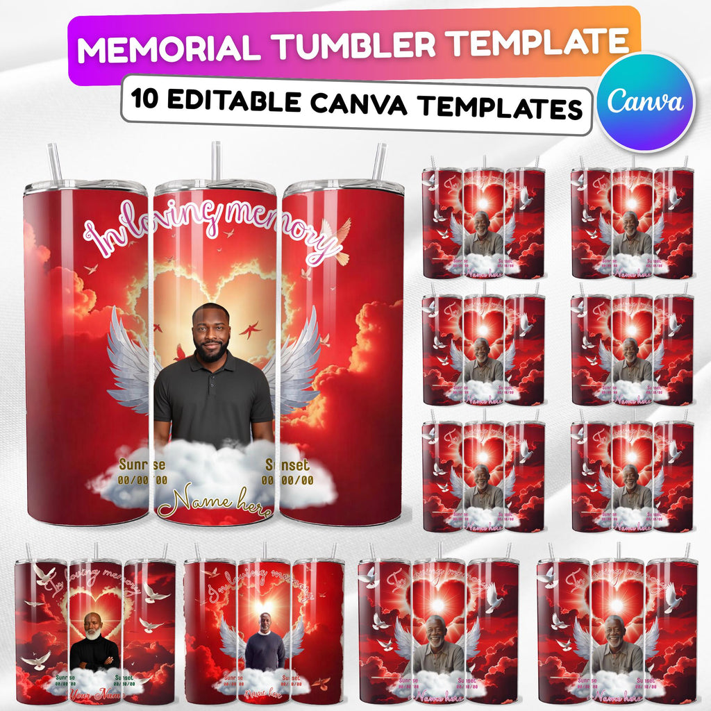10 Red Memorial Tumbler Canva Editable Template Bundle, Canva Editable Template, In Loving Memory Tumbler, Add your Own Photo Canva Tumbler - Editable Memorial Canva Template