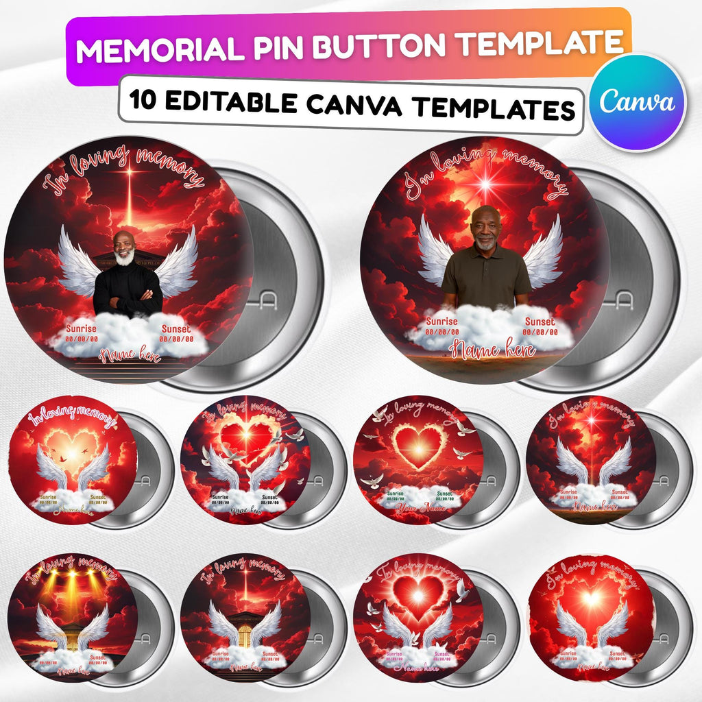 10 In Loving Memory Red Pin Button Canva Editable Templates Bundle, Memorial Pin Button Template, Funeral Button Favors, Digital Download - Editable Memorial Canva Template