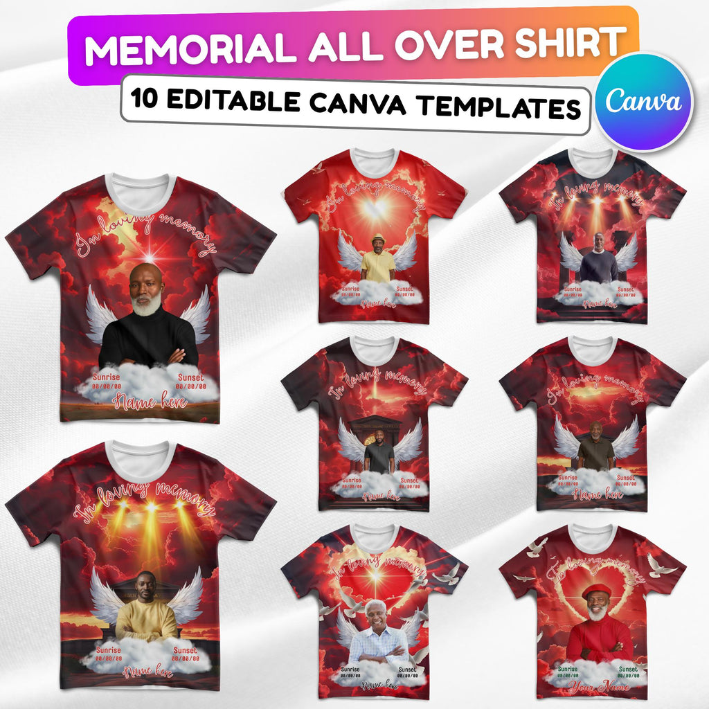 10 Red Memorial Editable All Over T Shirt Template, In Loving Memory All Over Shirt, Rest in Peace, Funeral Shirt, Perfect for Sublimation - Editable Memorial Canva Template