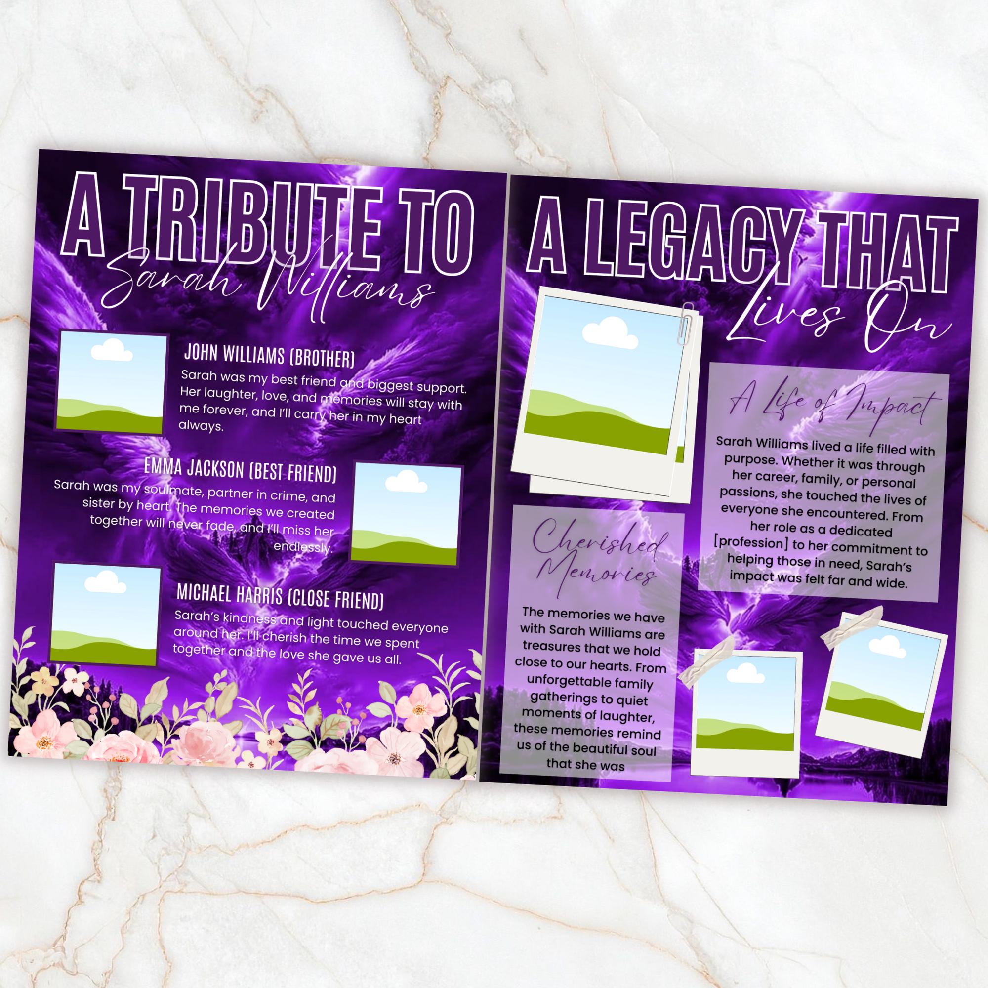 12 Page Purple Memorial Essence Magazine Template, Celebration of Life Program & Keepsake, Obituary Celebration Of Life Program - Editable Memorial Canva Template