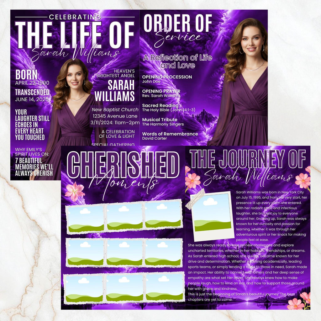 12 Page Purple Memorial Essence Magazine Template, Celebration of Life Program & Keepsake, Obituary Celebration Of Life Program - Editable Memorial Canva Template
