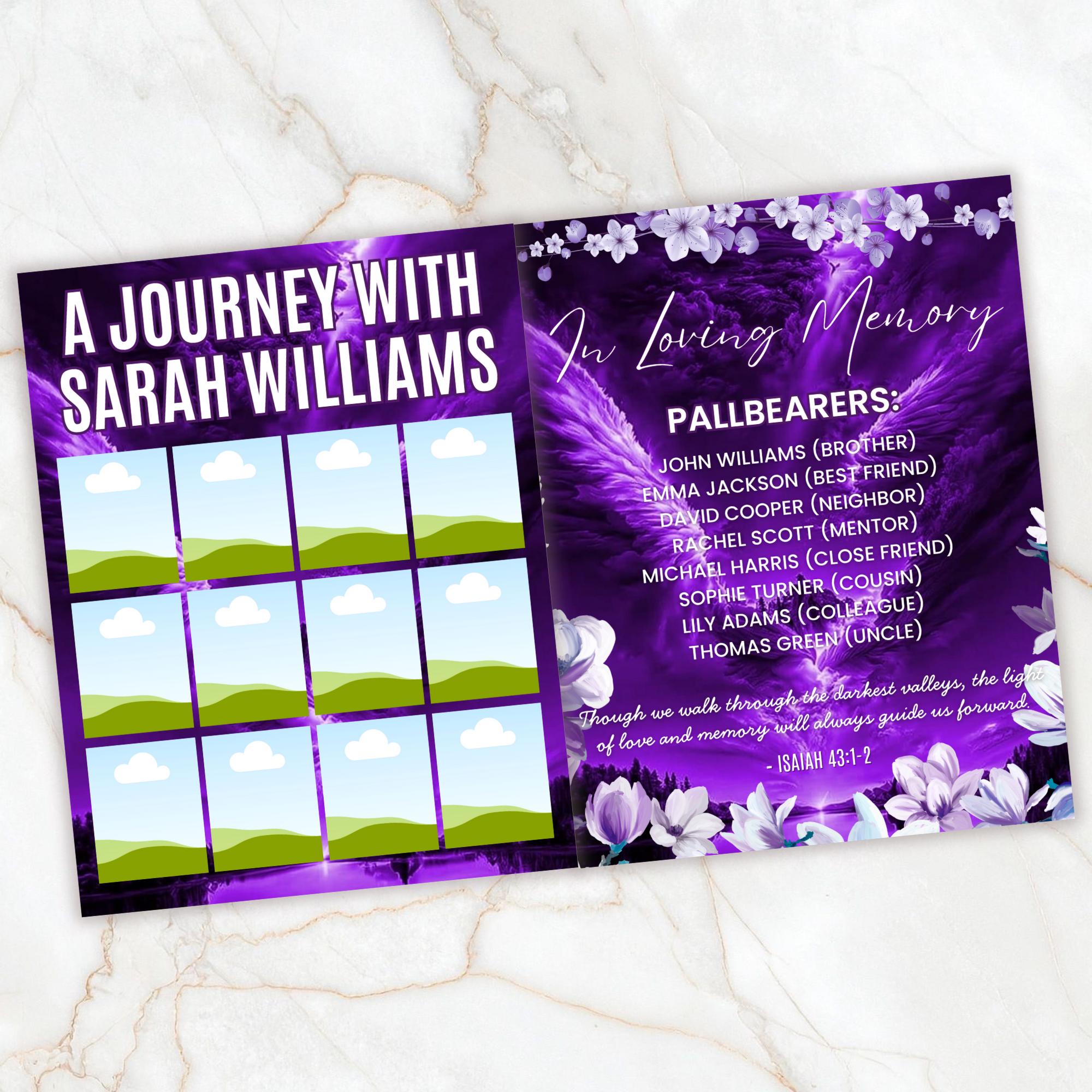 12 Page Purple Memorial Essence Magazine Template, Celebration of Life Program & Keepsake, Obituary Celebration Of Life Program - Editable Memorial Canva Template