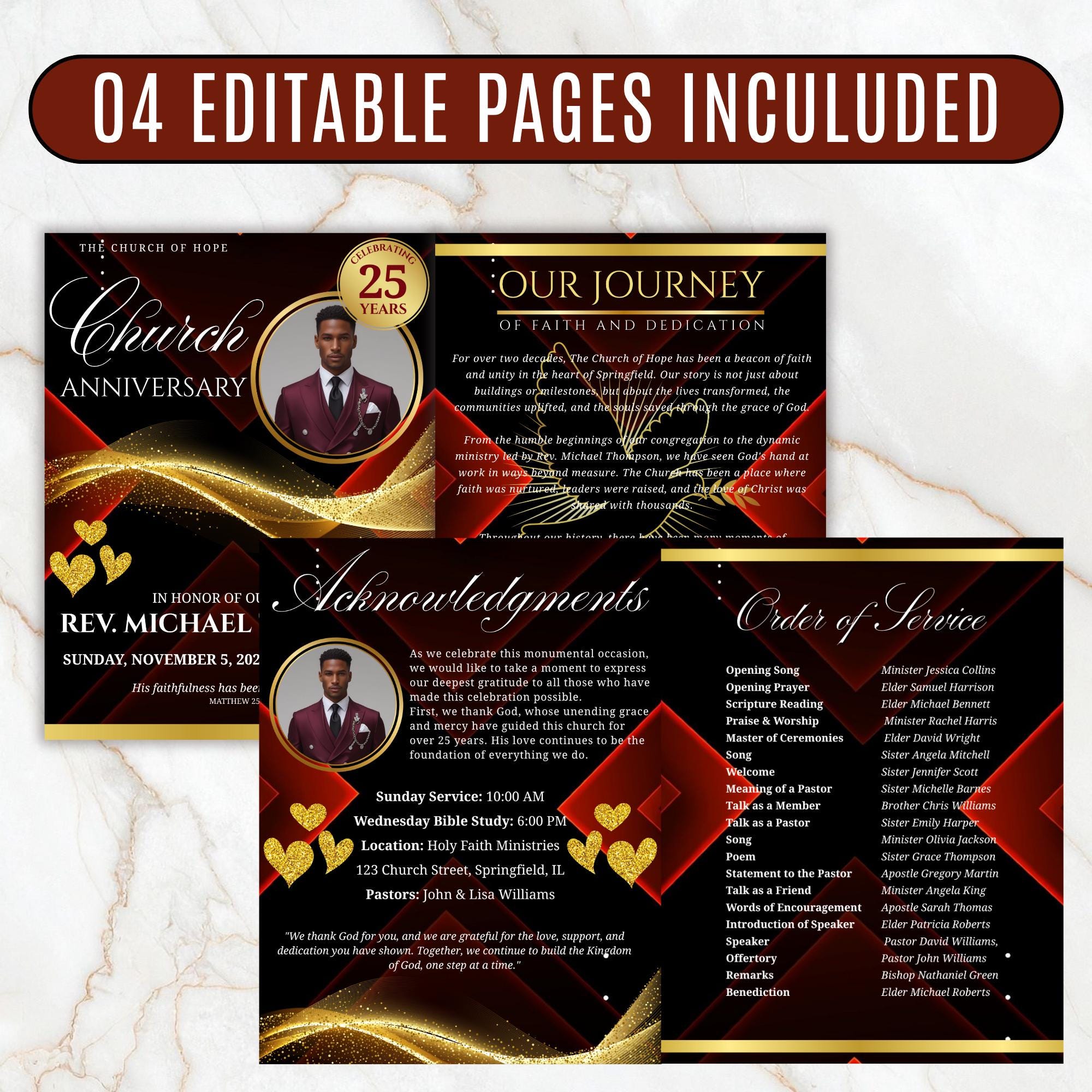04 Pages Church Anniversary Program Template, Editable Bifold 8.5x11” Design, Church Appreciation Program, Anniversary & Faith Celebration - Editable Memorial Canva Template