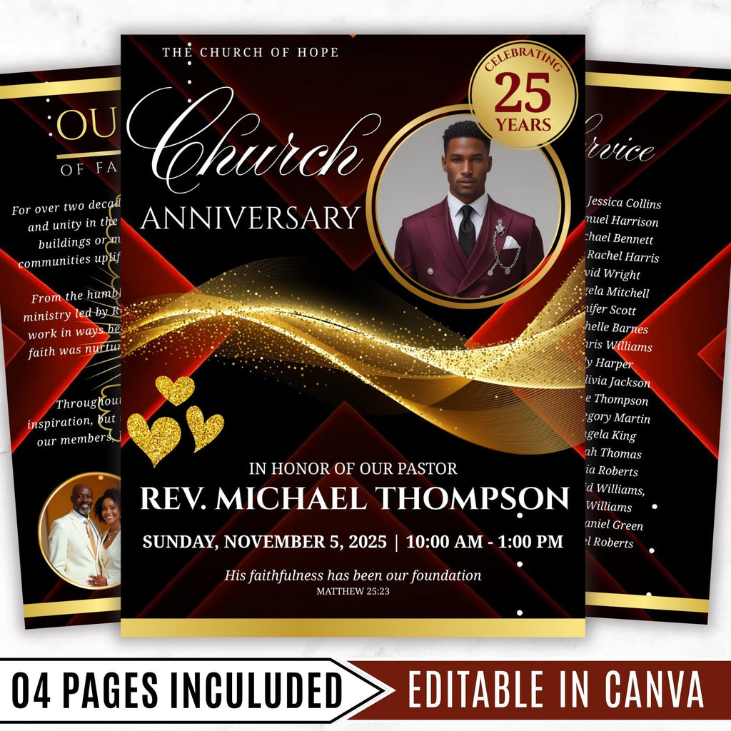 04 Pages Church Anniversary Program Template, Editable Bifold 8.5x11” Design, Church Appreciation Program, Anniversary & Faith Celebration - Editable Memorial Canva Template