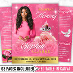 08 Pages Memorial Pink Funeral Program Template, Editable Bifold 8.5x11” Design, Obituary Celebration Of Life Program, Digital Download - Editable Memorial Canva Template