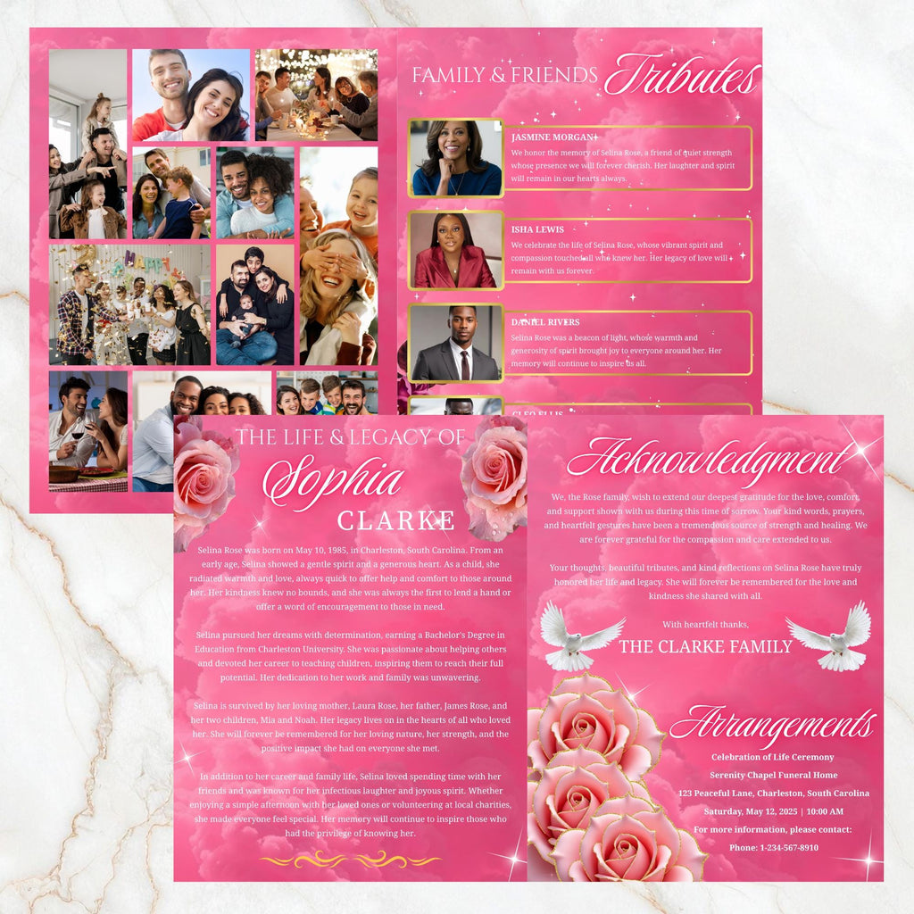 08 Pages Memorial Pink Funeral Program Template, Editable Bifold 8.5x11” Design, Obituary Celebration Of Life Program, Digital Download - Editable Memorial Canva Template