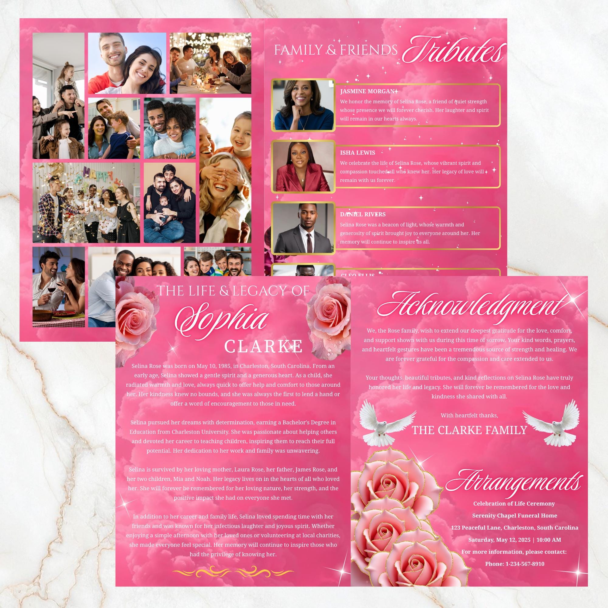 08 Pages Memorial Pink Funeral Program Template, Editable Bifold 8.5x11” Design, Obituary Celebration Of Life Program, Digital Download - Editable Memorial Canva Template