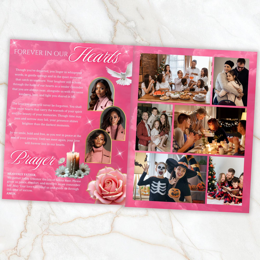 08 Pages Memorial Pink Funeral Program Template, Editable Bifold 8.5x11” Design, Obituary Celebration Of Life Program, Digital Download - Editable Memorial Canva Template