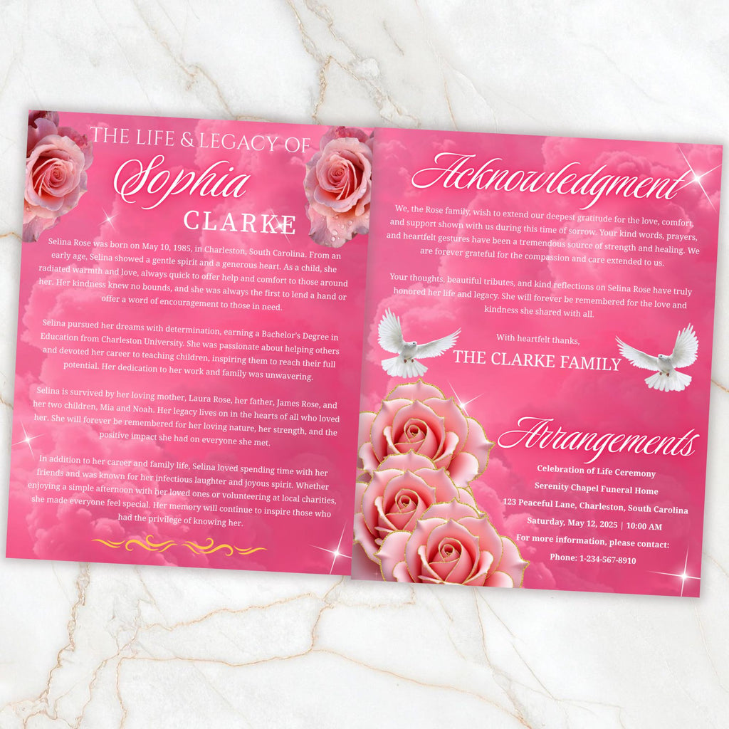 08 Pages Memorial Pink Funeral Program Template, Editable Bifold 8.5x11” Design, Obituary Celebration Of Life Program, Digital Download - Editable Memorial Canva Template