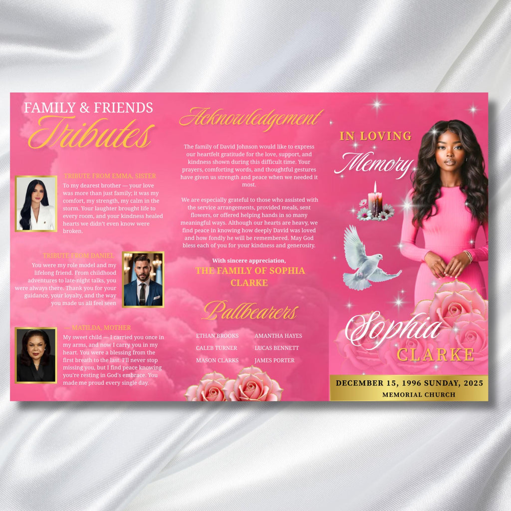 Pink & Gold Funeral Program Template, Tri-Fold(17x11) Funeral Program, Obituary Celebration Of Life Program, In Loving Memory Templates - Editable Memorial Canva Template