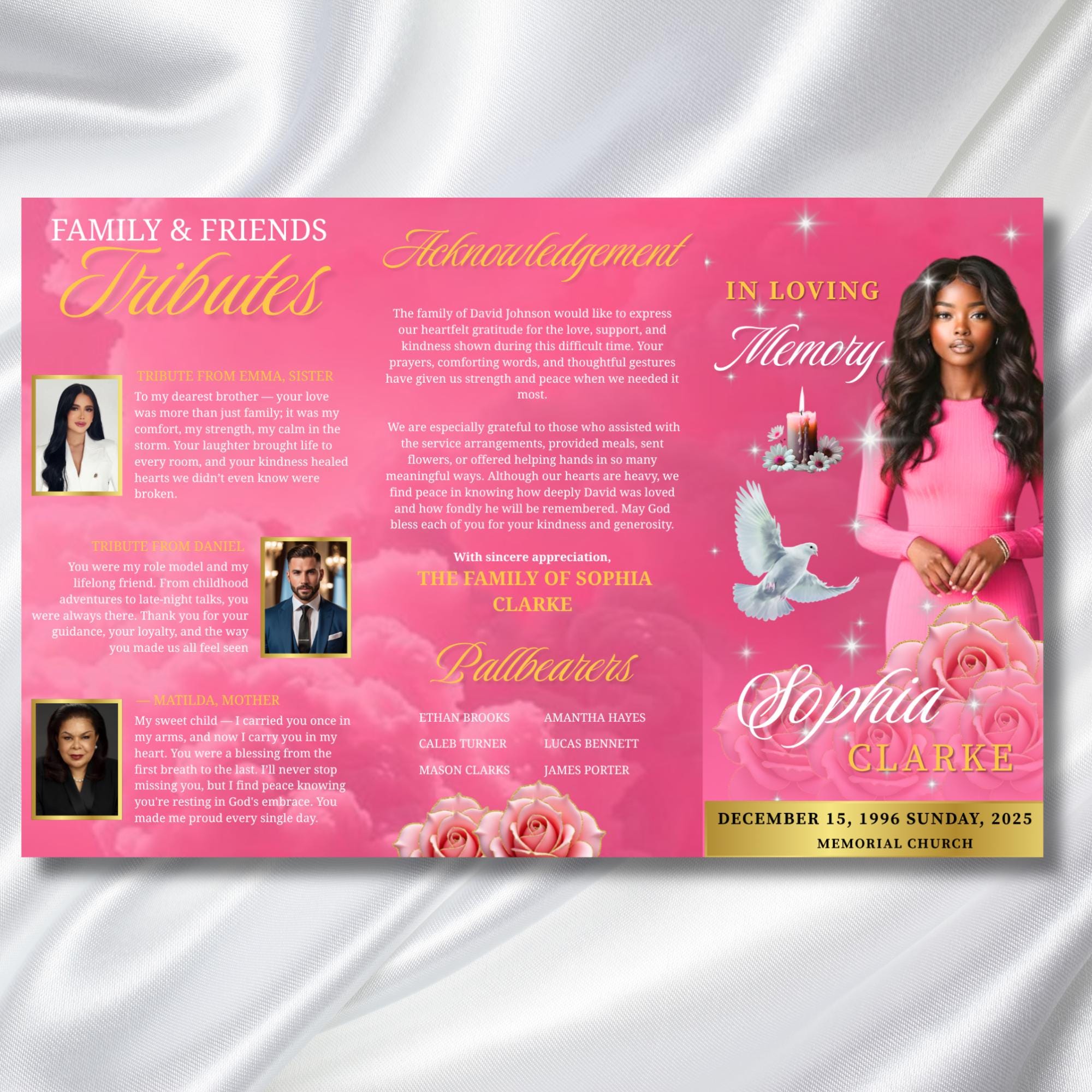 Pink & Gold Funeral Program Template, Tri-Fold(17x11) Funeral Program, Obituary Celebration Of Life Program, In Loving Memory Templates - Editable Memorial Canva Template