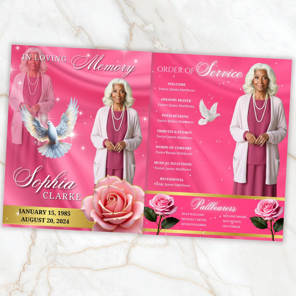 08 Pages Memorial Pink Funeral Program Template, Editable Bifold 8.5x11” Design, Obituary Celebration Of Life Program, Digital Download - Editable Memorial Canva Template