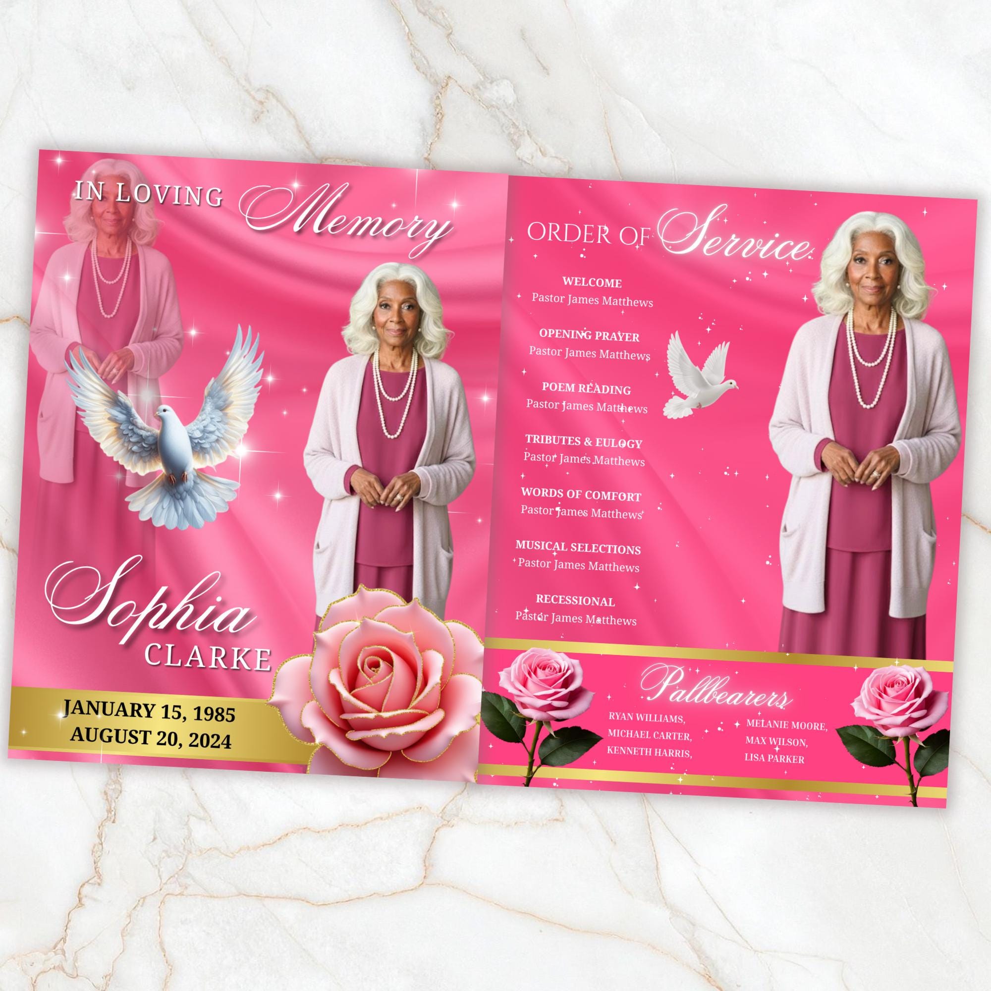 08 Pages Memorial Pink Funeral Program Template, Editable Bifold 8.5x11” Design, Obituary Celebration Of Life Program, Digital Download - Editable Memorial Canva Template
