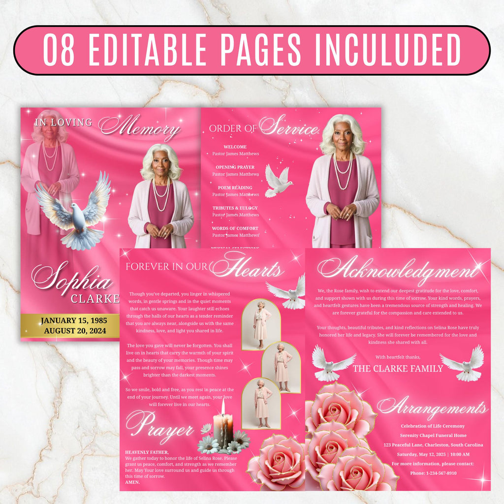 08 Pages Memorial Pink Funeral Program Template, Editable Bifold 8.5x11” Design, Obituary Celebration Of Life Program, Digital Download - Editable Memorial Canva Template