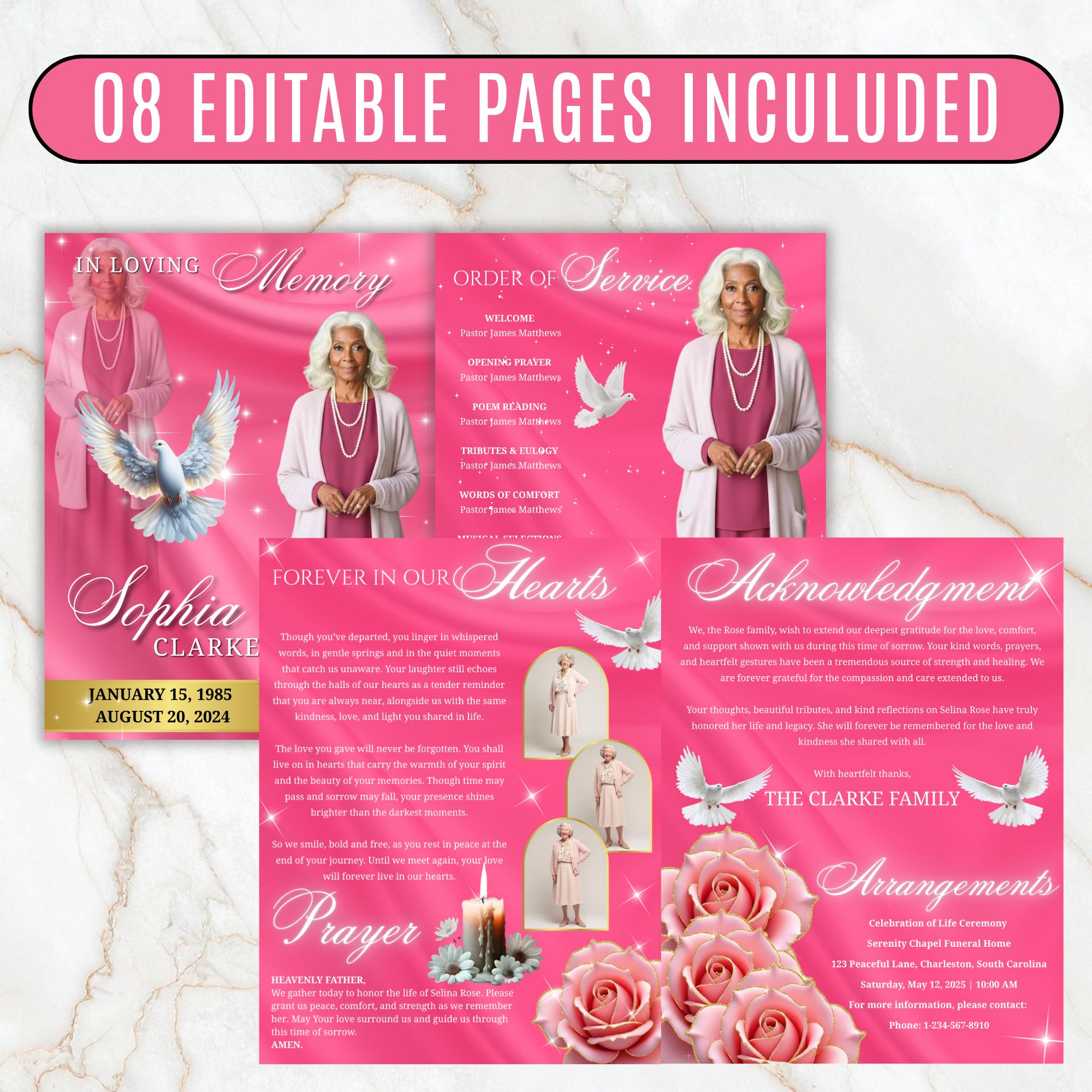 08 Pages Memorial Pink Funeral Program Template, Editable Bifold 8.5x11” Design, Obituary Celebration Of Life Program, Digital Download - Editable Memorial Canva Template