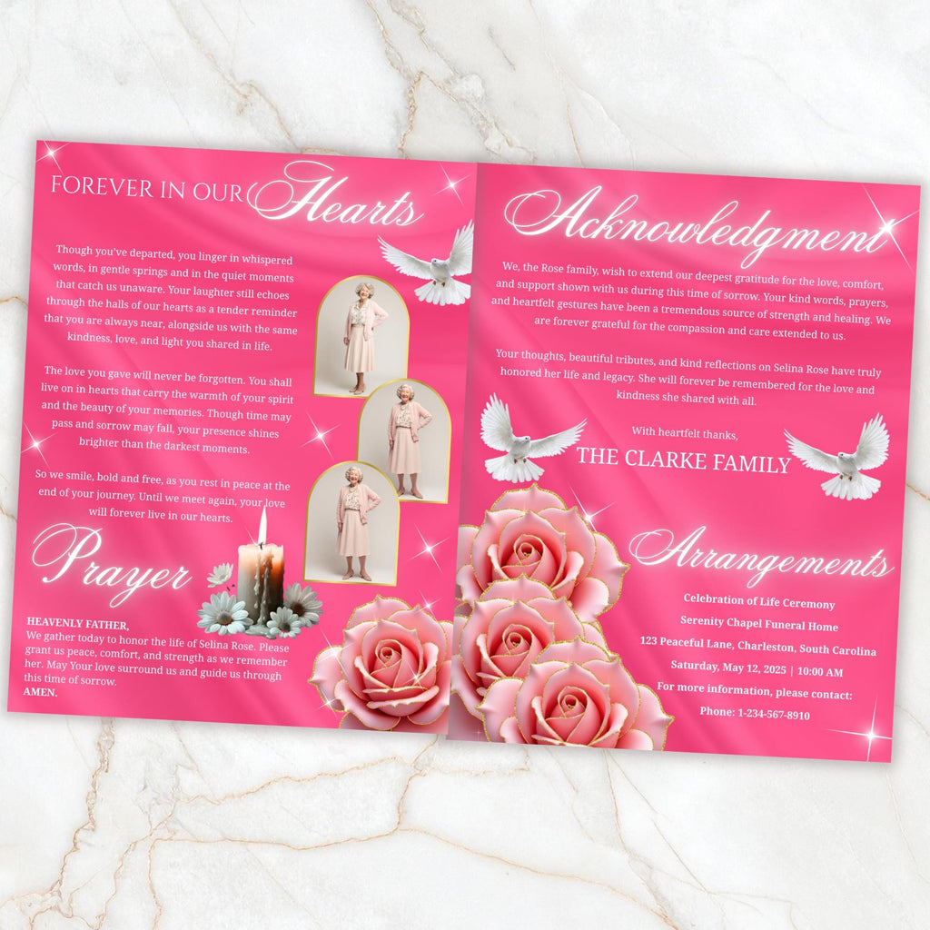08 Pages Memorial Pink Funeral Program Template, Editable Bifold 8.5x11” Design, Obituary Celebration Of Life Program, Digital Download - Editable Memorial Canva Template