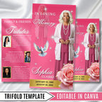 Silk Pink & Gold Funeral Program Template, Tri-Fold(17x11) Funeral Program, Obituary Celebration Of Life Program, In Loving Memory Templates - Editable Memorial Canva Template