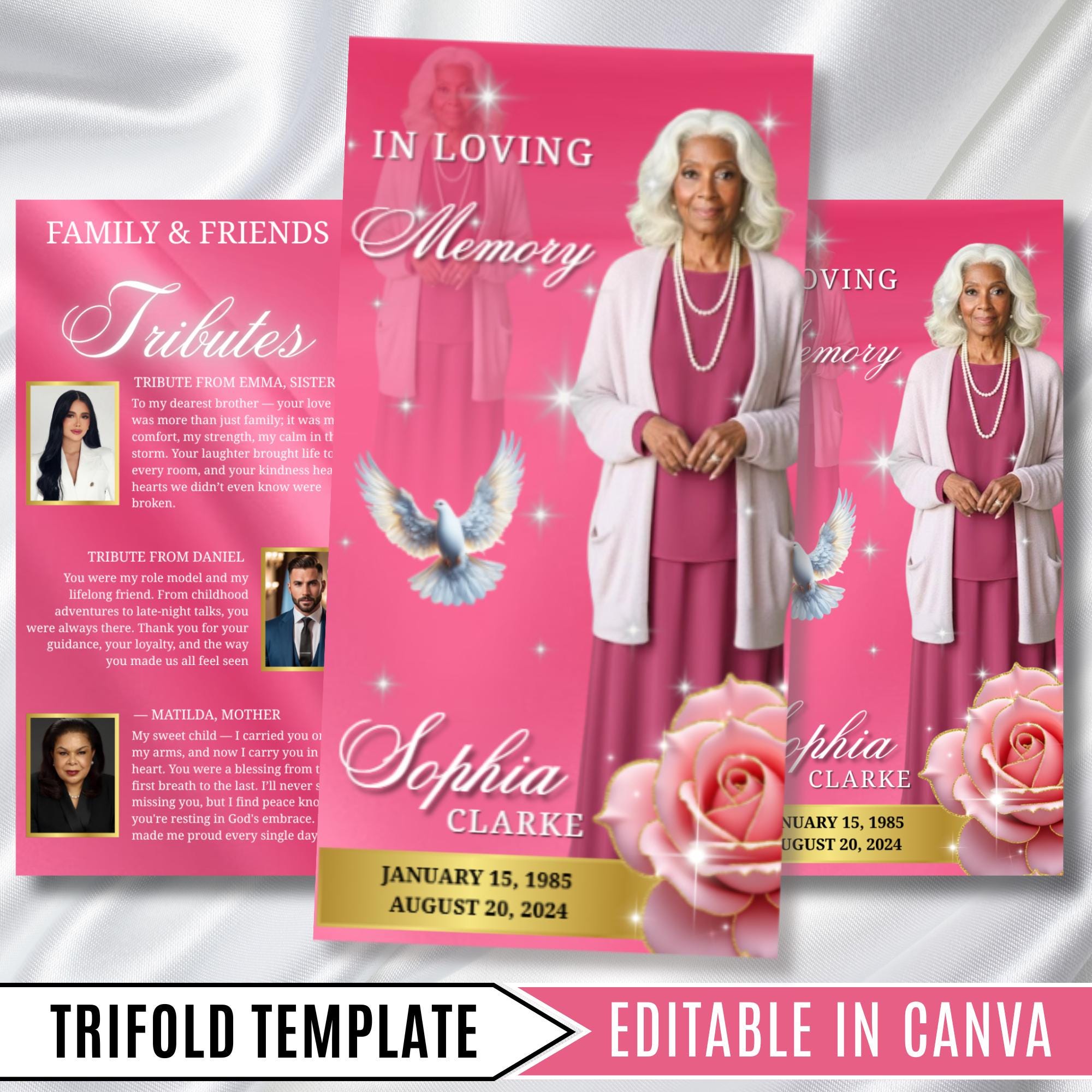 Silk Pink & Gold Funeral Program Template, Tri-Fold(17x11) Funeral Program, Obituary Celebration Of Life Program, In Loving Memory Templates - Editable Memorial Canva Template