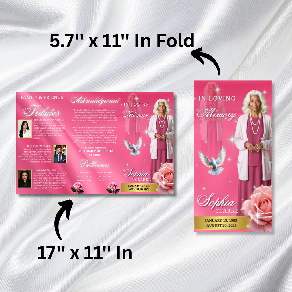 Silk Pink & Gold Funeral Program Template, Tri-Fold(17x11) Funeral Program, Obituary Celebration Of Life Program, In Loving Memory Templates - Editable Memorial Canva Template
