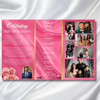 Silk Pink & Gold Funeral Program Template, Tri-Fold(17x11) Funeral Program, Obituary Celebration Of Life Program, In Loving Memory Templates - Editable Memorial Canva Template