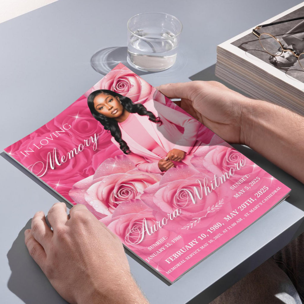 08 Pages Memorial Roses Pink Funeral Program Template, Editable Bifold 8.5x11” Design, Obituary Celebration Of Life Program,Digital Download - Editable Memorial Canva Template