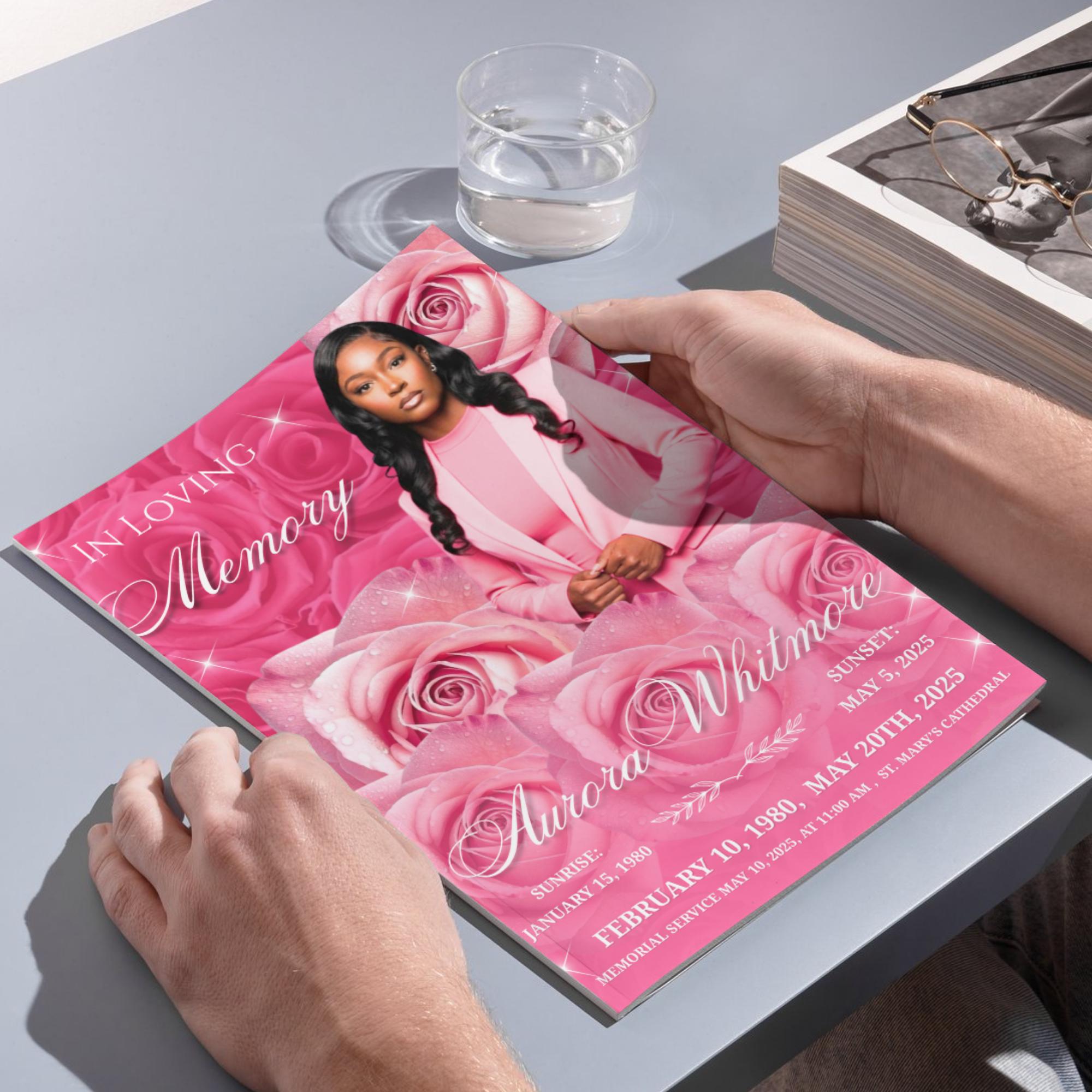 08 Pages Memorial Roses Pink Funeral Program Template, Editable Bifold 8.5x11” Design, Obituary Celebration Of Life Program,Digital Download - Editable Memorial Canva Template