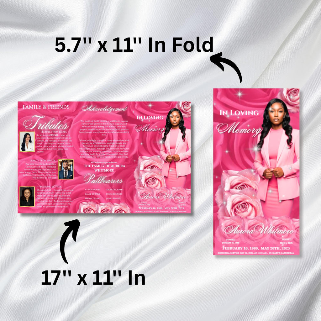 Pink Memorial Funeral Program Template, Tri-Fold(17x11) Funeral Program, Obituary Celebration Of Life Program, In Loving Memory Templates - Editable Memorial Canva Template