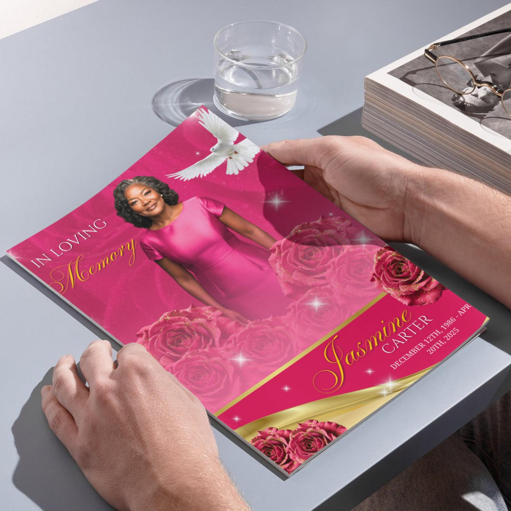 08 Pages Memorial Pink Funeral Program Template, Editable Bifold 8.5x11” Design, Obituary Celebration Of Life Program, Digital Download - Editable Memorial Canva Template