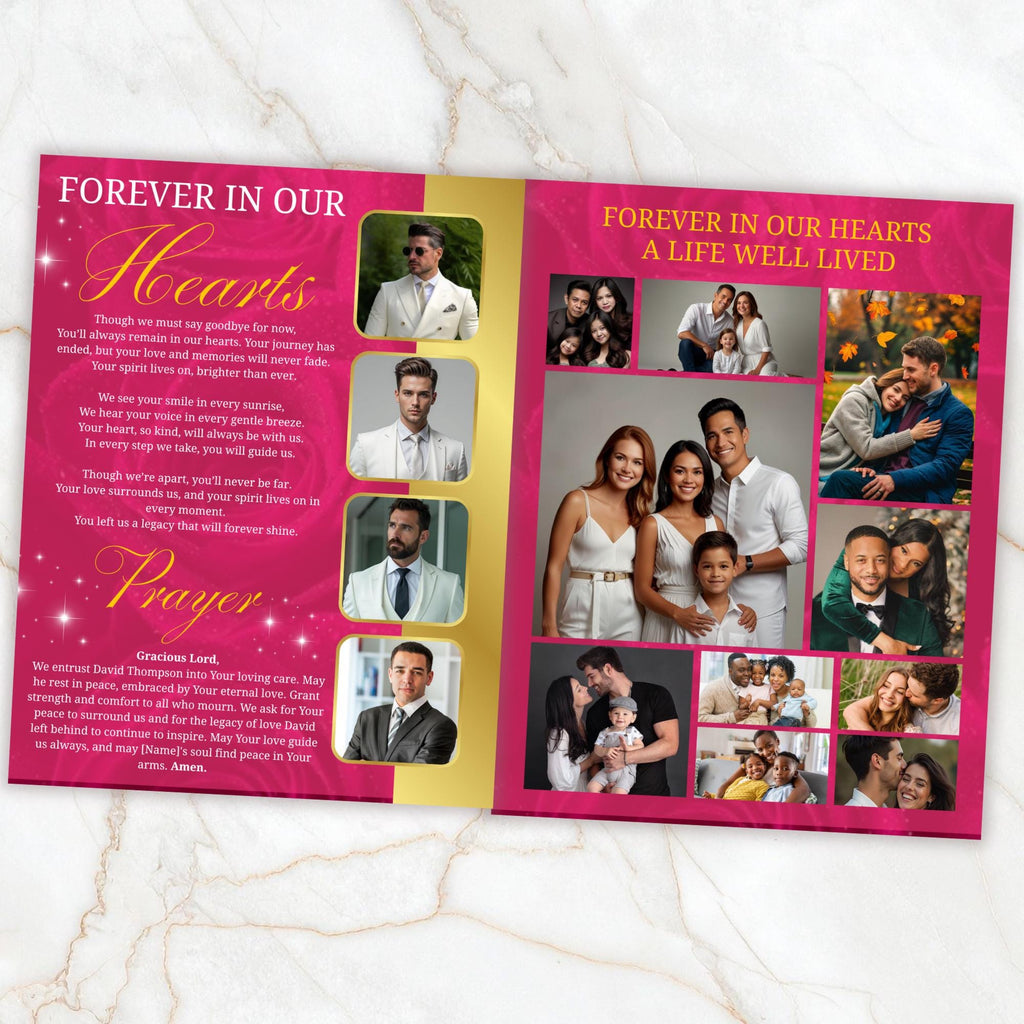 08 Pages Memorial Pink Funeral Program Template, Editable Bifold 8.5x11” Design, Obituary Celebration Of Life Program, Digital Download - Editable Memorial Canva Template