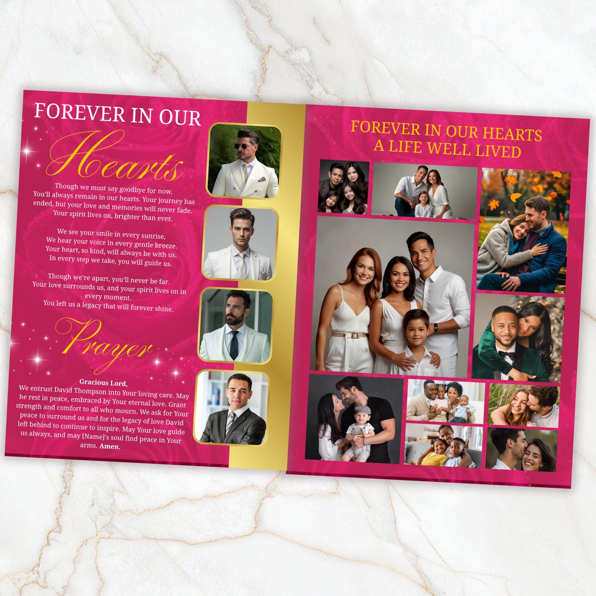 08 Pages Memorial Pink Funeral Program Template, Editable Bifold 8.5x11” Design, Obituary Celebration Of Life Program, Digital Download - Editable Memorial Canva Template
