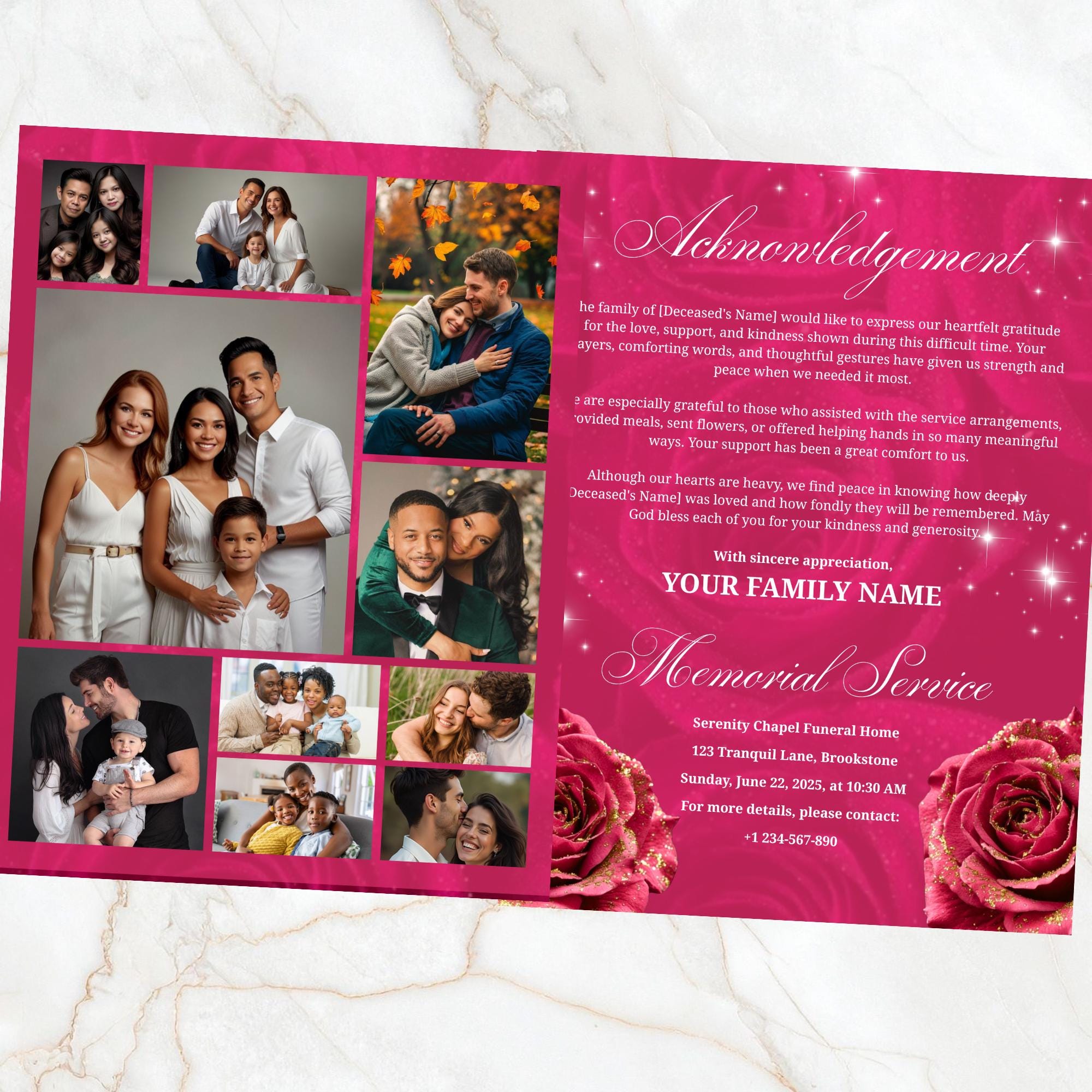 08 Pages Memorial Pink Funeral Program Template, Editable Bifold 8.5x11” Design, Obituary Celebration Of Life Program, Digital Download - Editable Memorial Canva Template