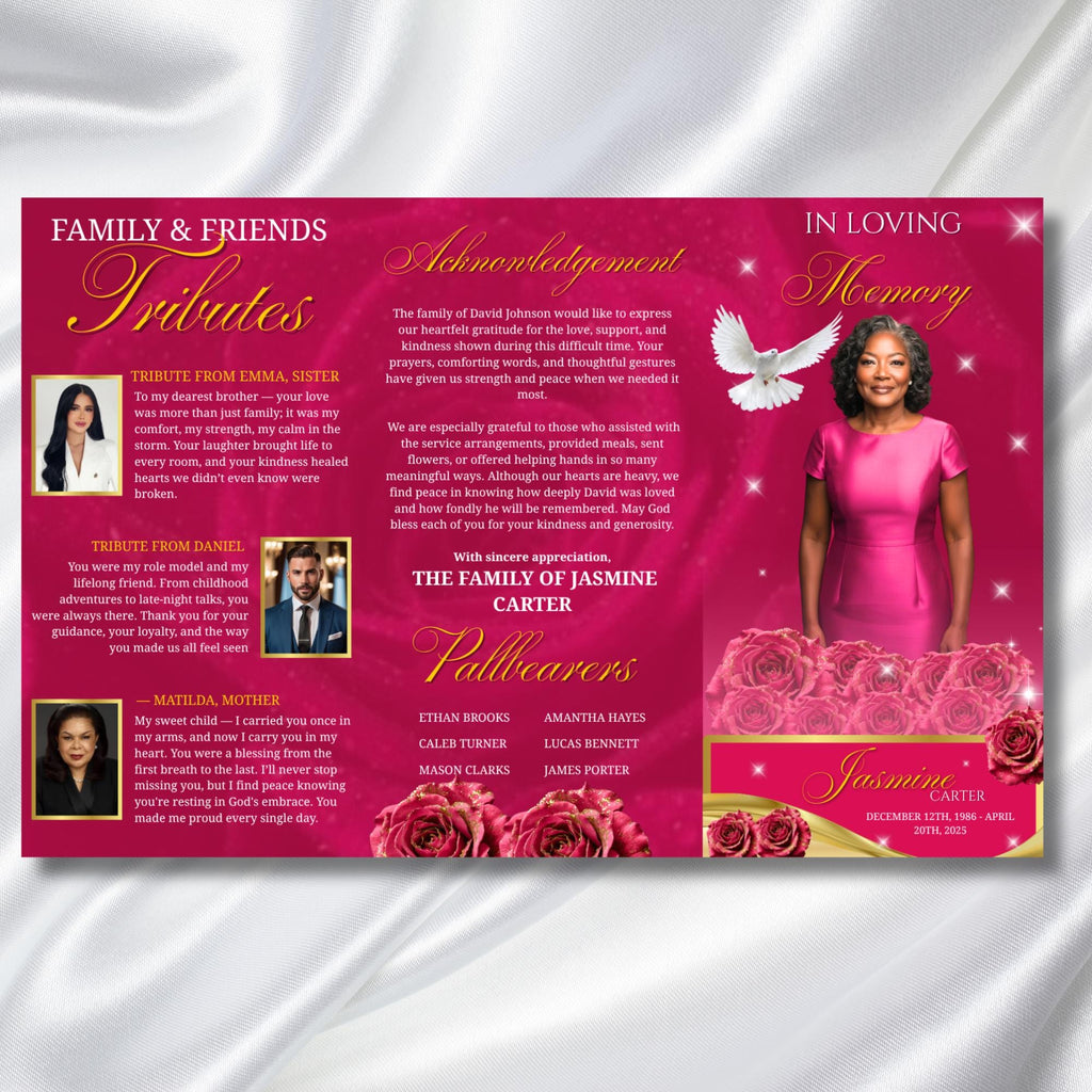Pink Memorial Funeral Program Template, Tri-Fold(17x11) Funeral Program, Obituary Celebration Of Life Program, In Loving Memory Templates - Editable Memorial Canva Template