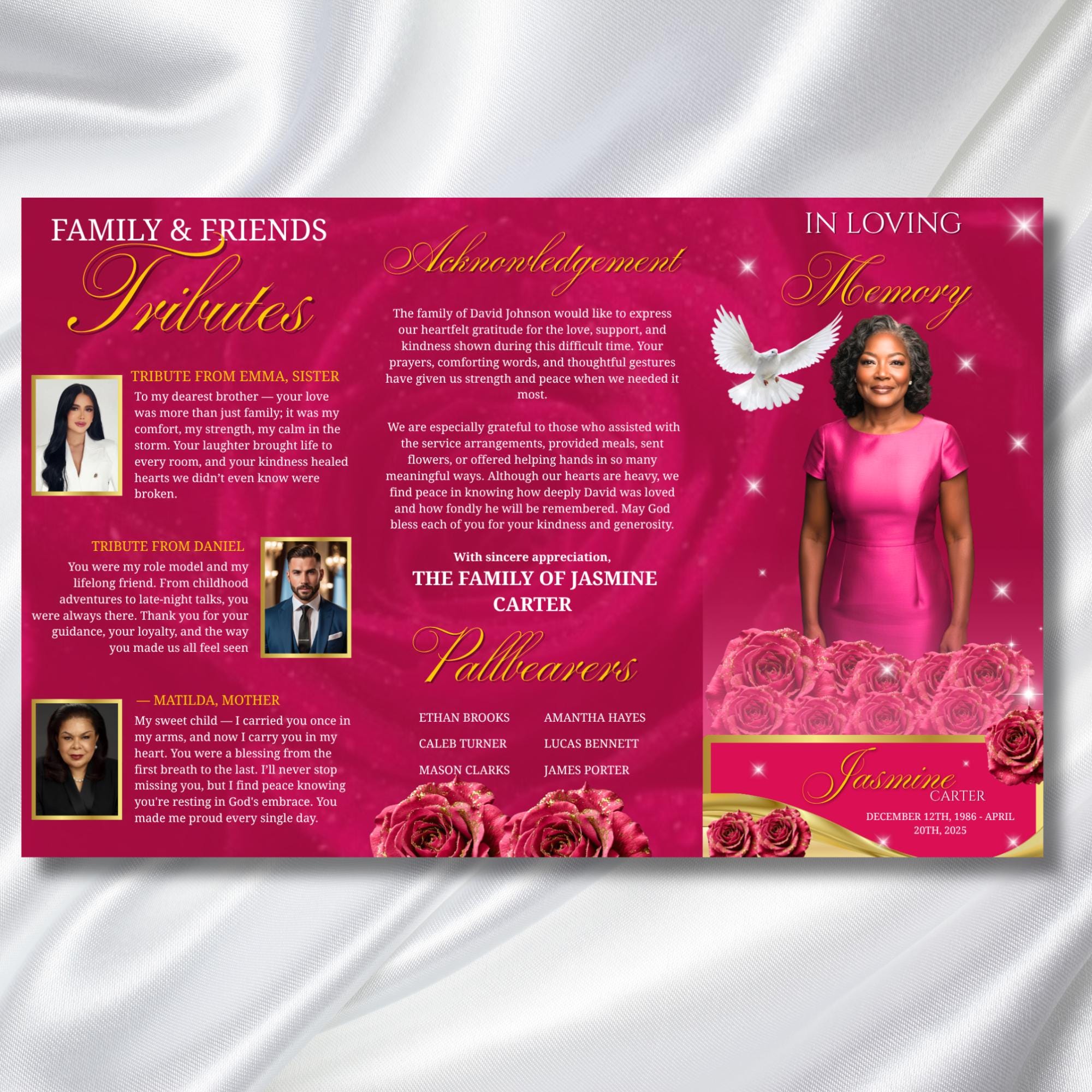 Pink Memorial Funeral Program Template, Tri-Fold(17x11) Funeral Program, Obituary Celebration Of Life Program, In Loving Memory Templates - Editable Memorial Canva Template