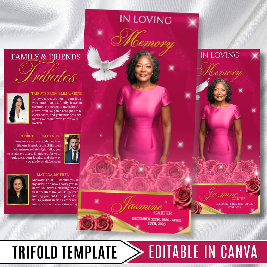 Pink Memorial Funeral Program Template, Tri-Fold(17x11) Funeral Program, Obituary Celebration Of Life Program, In Loving Memory Templates - Editable Memorial Canva Template