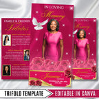 Pink Memorial Funeral Program Template, Tri-Fold(17x11) Funeral Program, Obituary Celebration Of Life Program, In Loving Memory Templates - Editable Memorial Canva Template