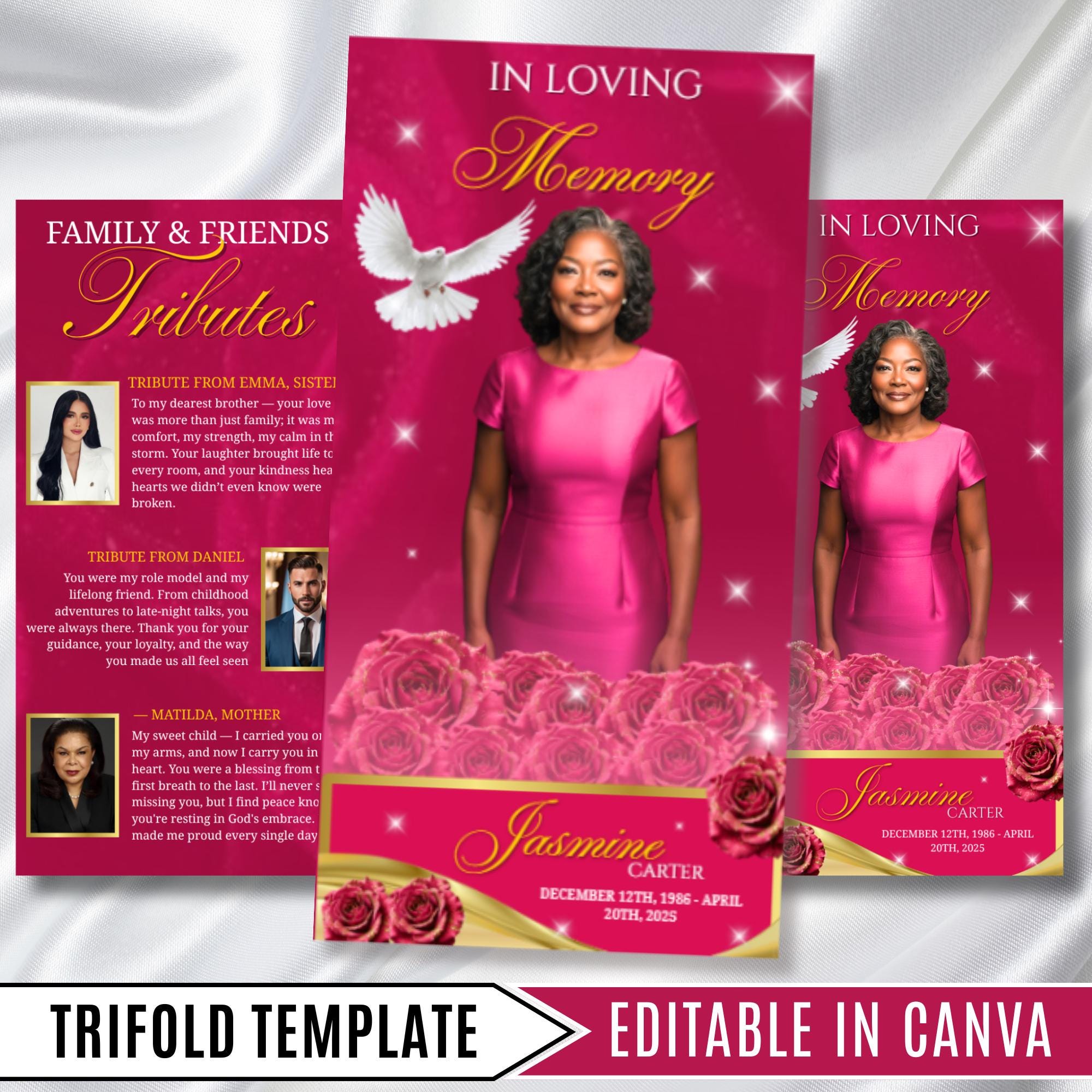 Pink Memorial Funeral Program Template, Tri-Fold(17x11) Funeral Program, Obituary Celebration Of Life Program, In Loving Memory Templates - Editable Memorial Canva Template