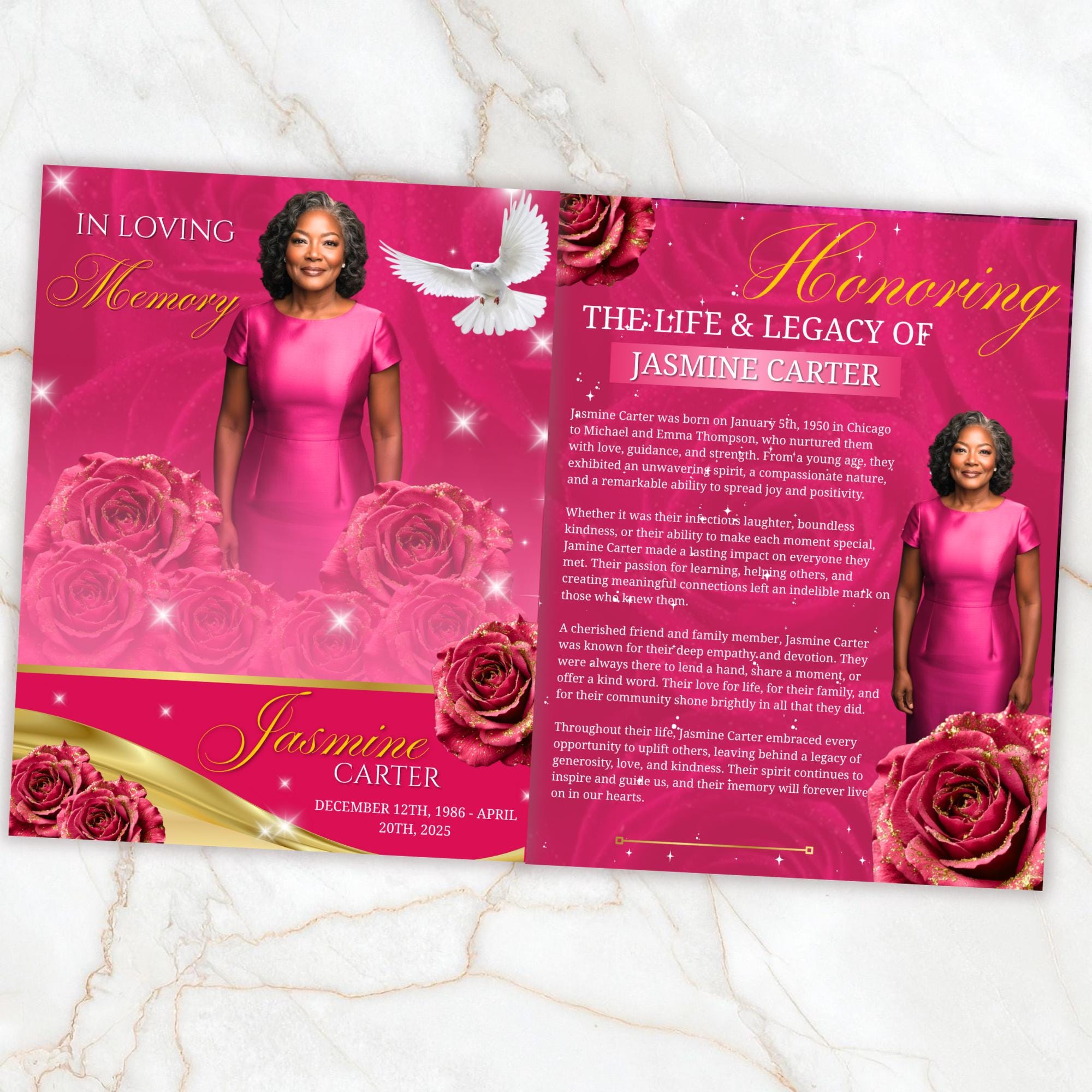 08 Pages Memorial Pink Funeral Program Template, Editable Bifold 8.5x11” Design, Obituary Celebration Of Life Program, Digital Download - Editable Memorial Canva Template
