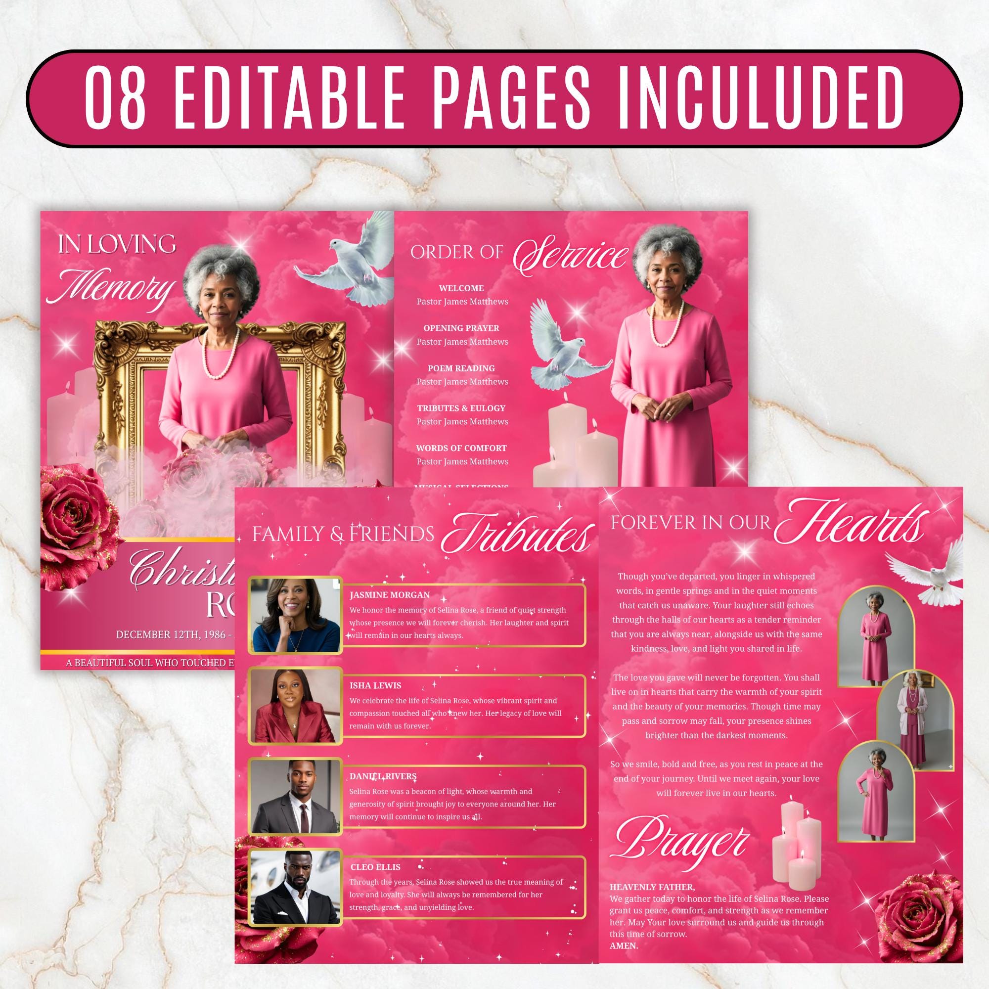 08 Pages Memorial Pink Funeral Program Template, Editable Bifold 8.5x11” Design, Obituary Celebration Of Life Program, Digital Download - Editable Memorial Canva Template